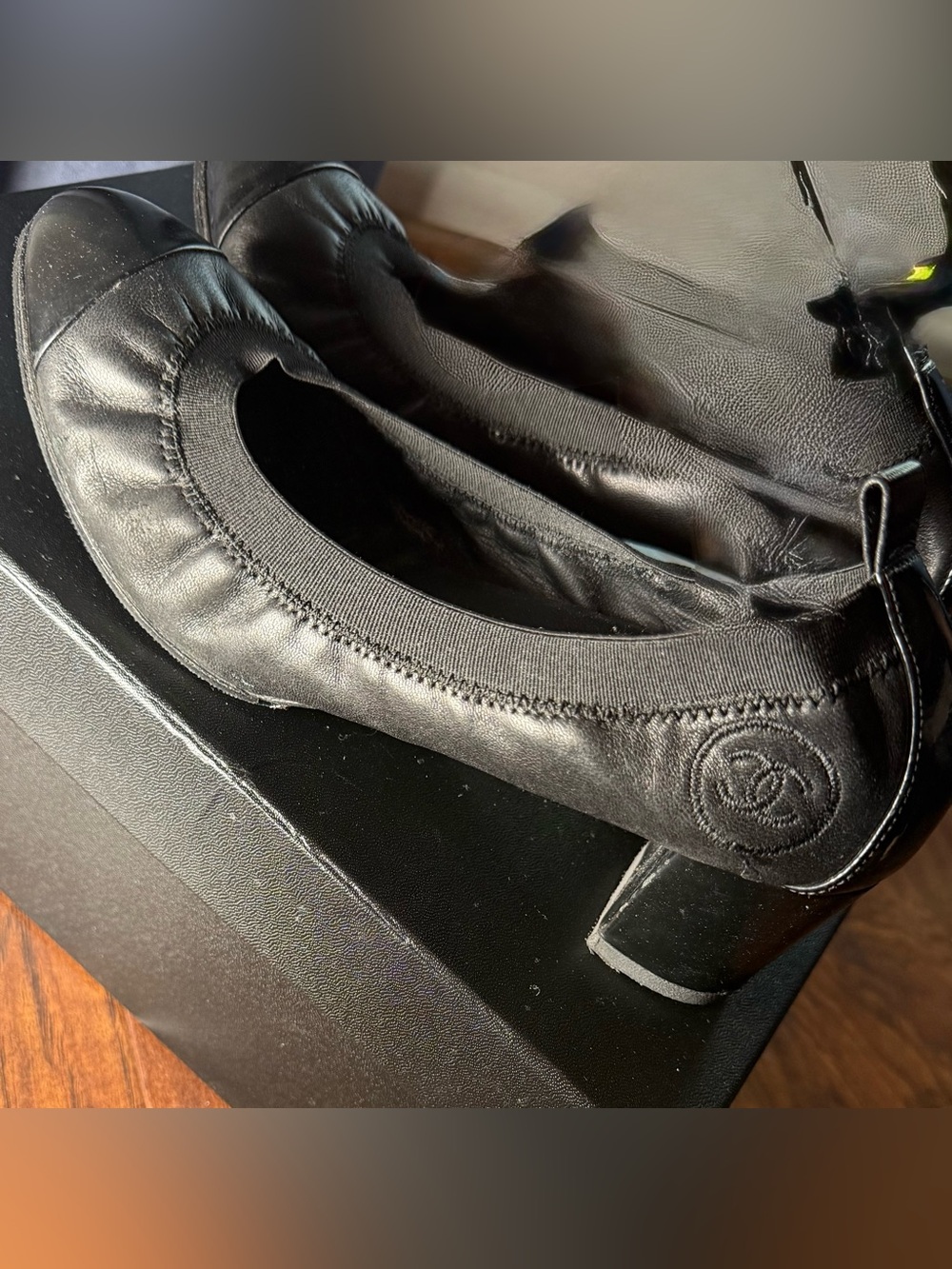 Chanel black ballet heels pumps shoes 37.5